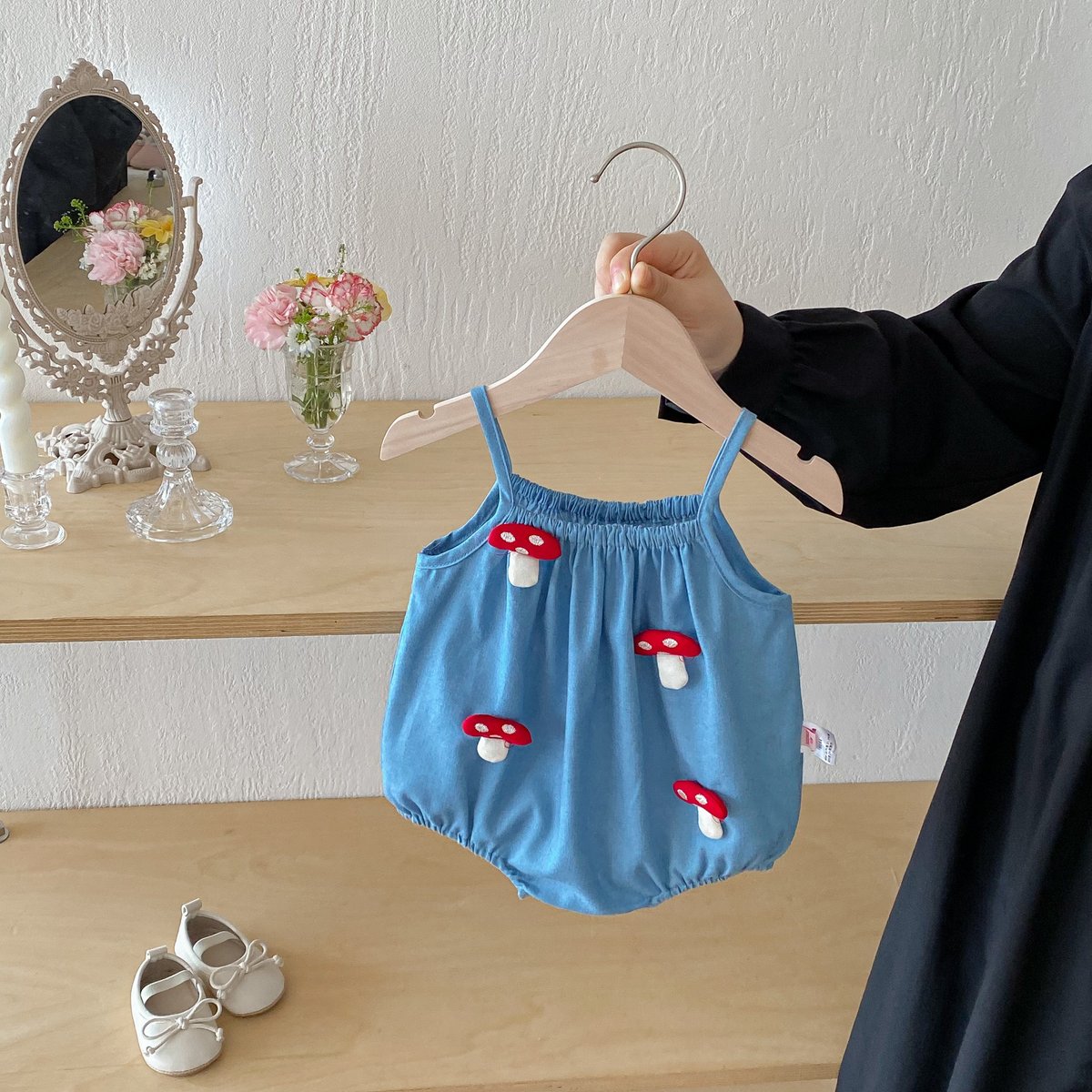 Summer Newborn Girl Mushroom Print Spaghetti Strap Romper