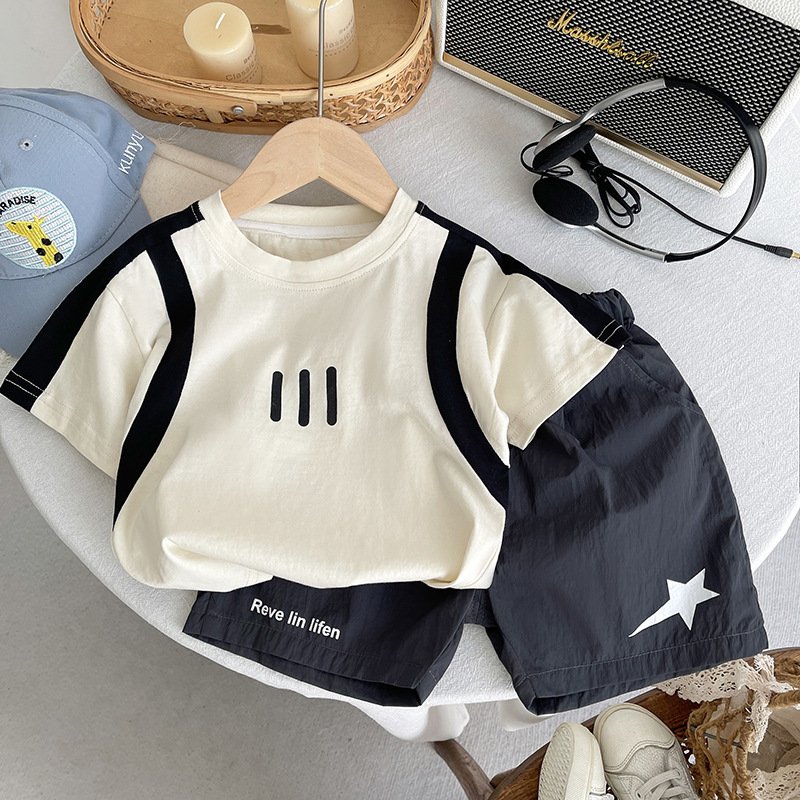 Boys' Korean Style Black & White Short-Sleeve Shorts Set