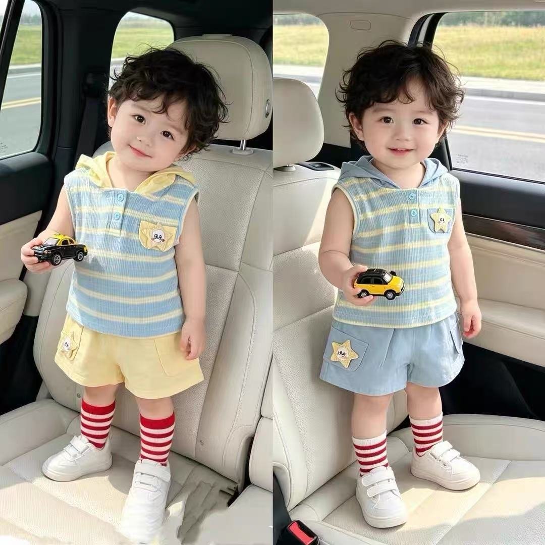 Kids' Casual Dopamine Striped Sleeveless Hooded Two-Piece Set