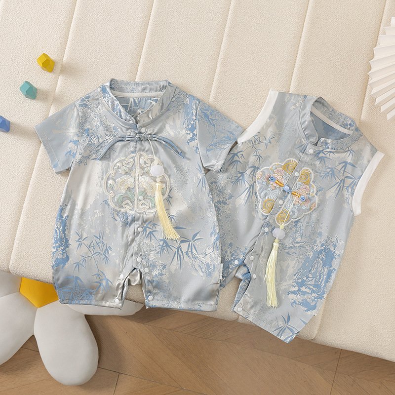 Chinese-Style Bamboo Stand-Collar Romper