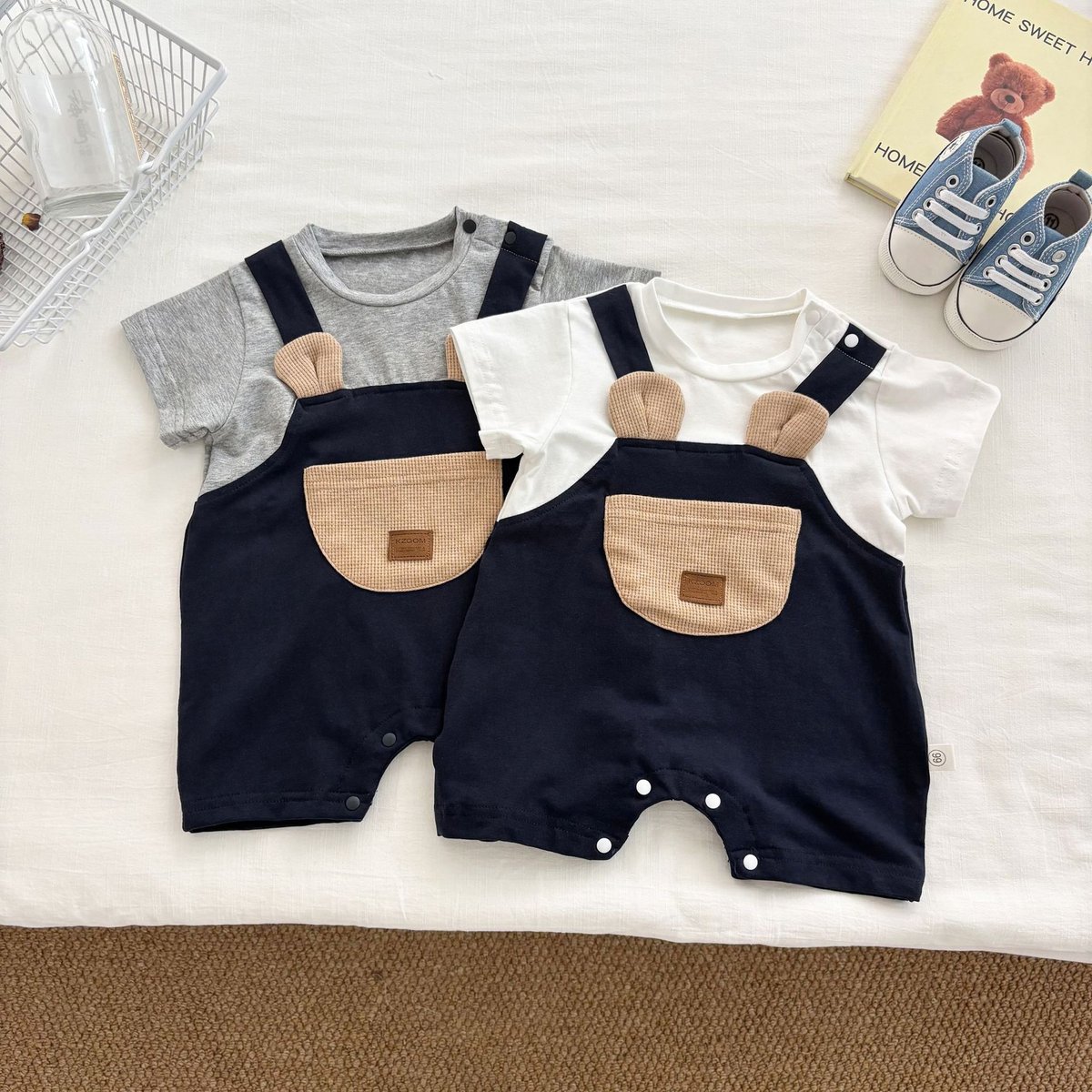 Boys' Summer Patchwork Romper with Suspenders