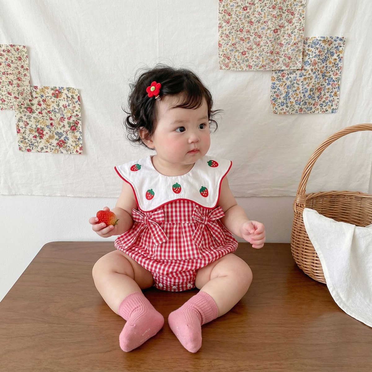 Red Plaid Strawberry Baby Romper