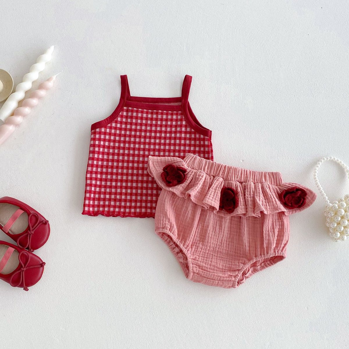 Summer Plaid Floral Romper Dress