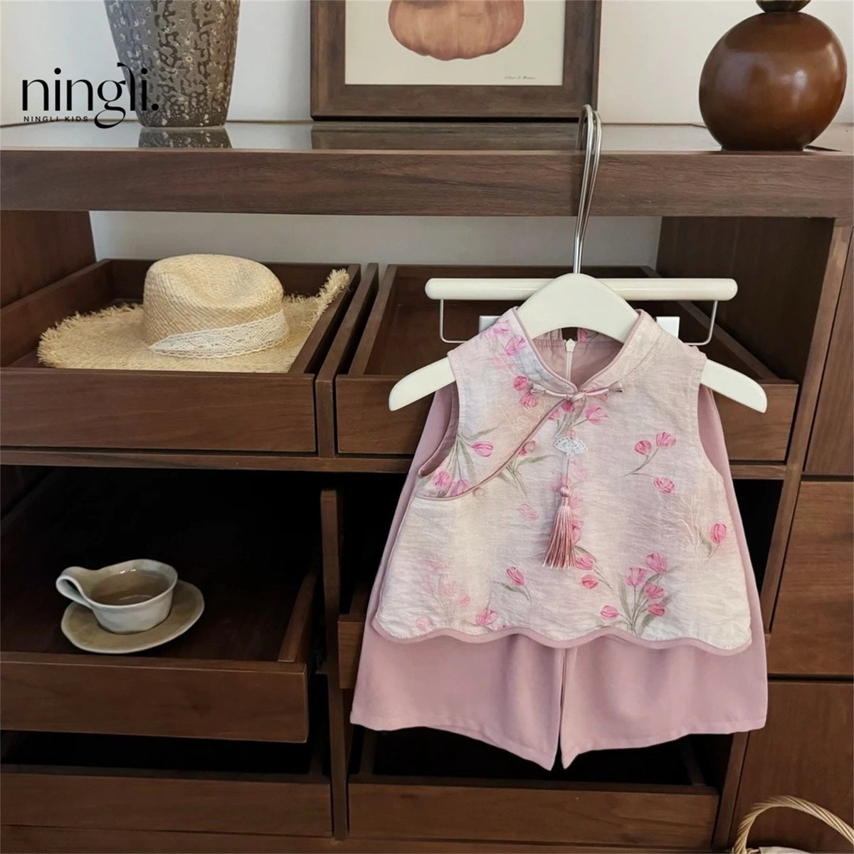 New Chinese Pink Jacquard Cheongsam Suit