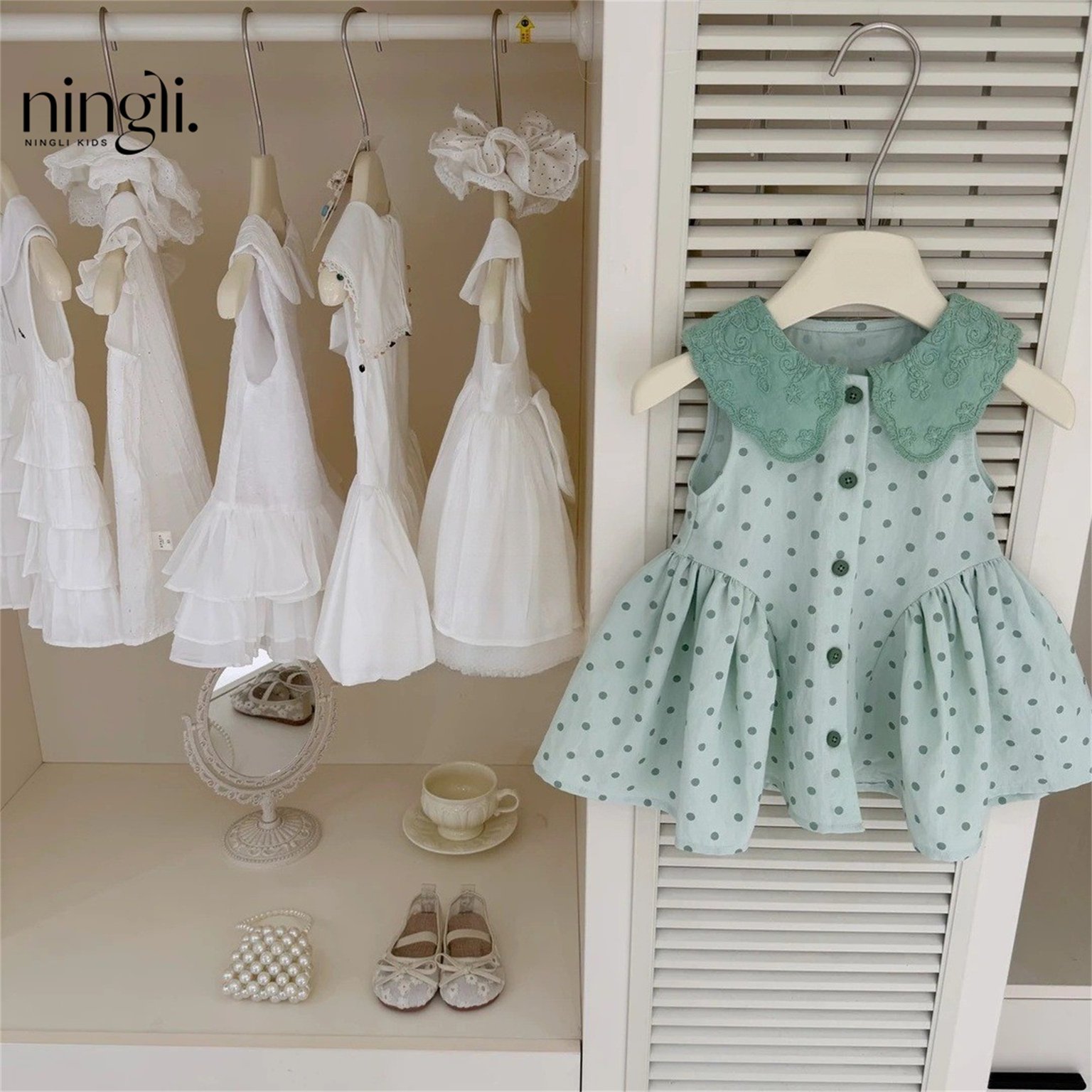 Girls' Mint Polka Dot Embroidered Doll Collar Dress