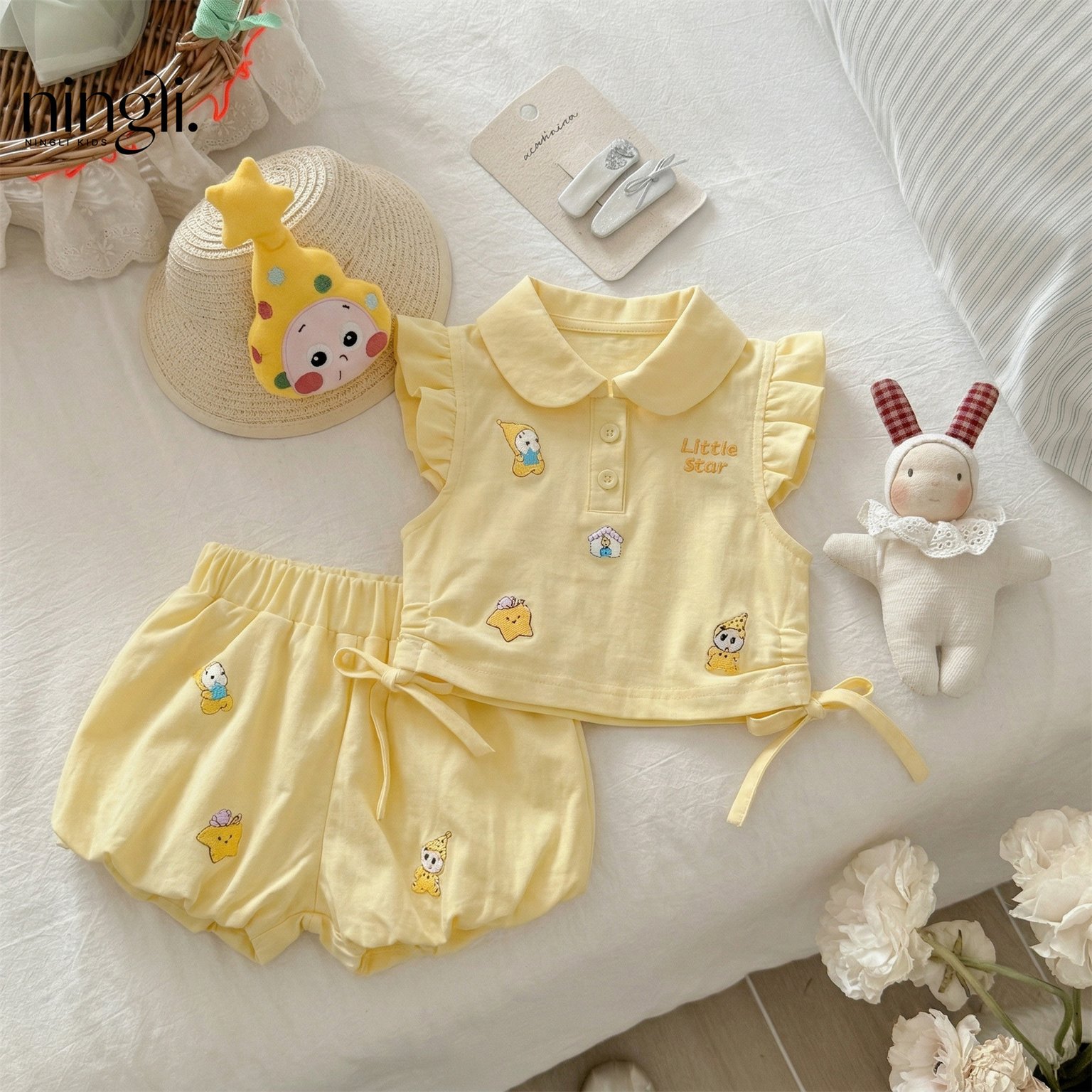 Girls' Cute Star Pattern Top & Bloomers Set FREE HAT