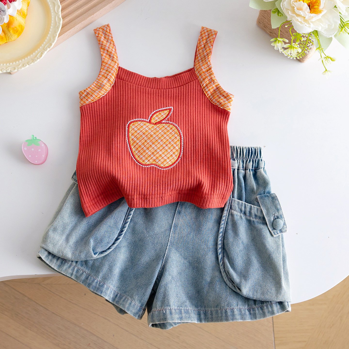 Girls Summer Apple Embroidery Outfit Set