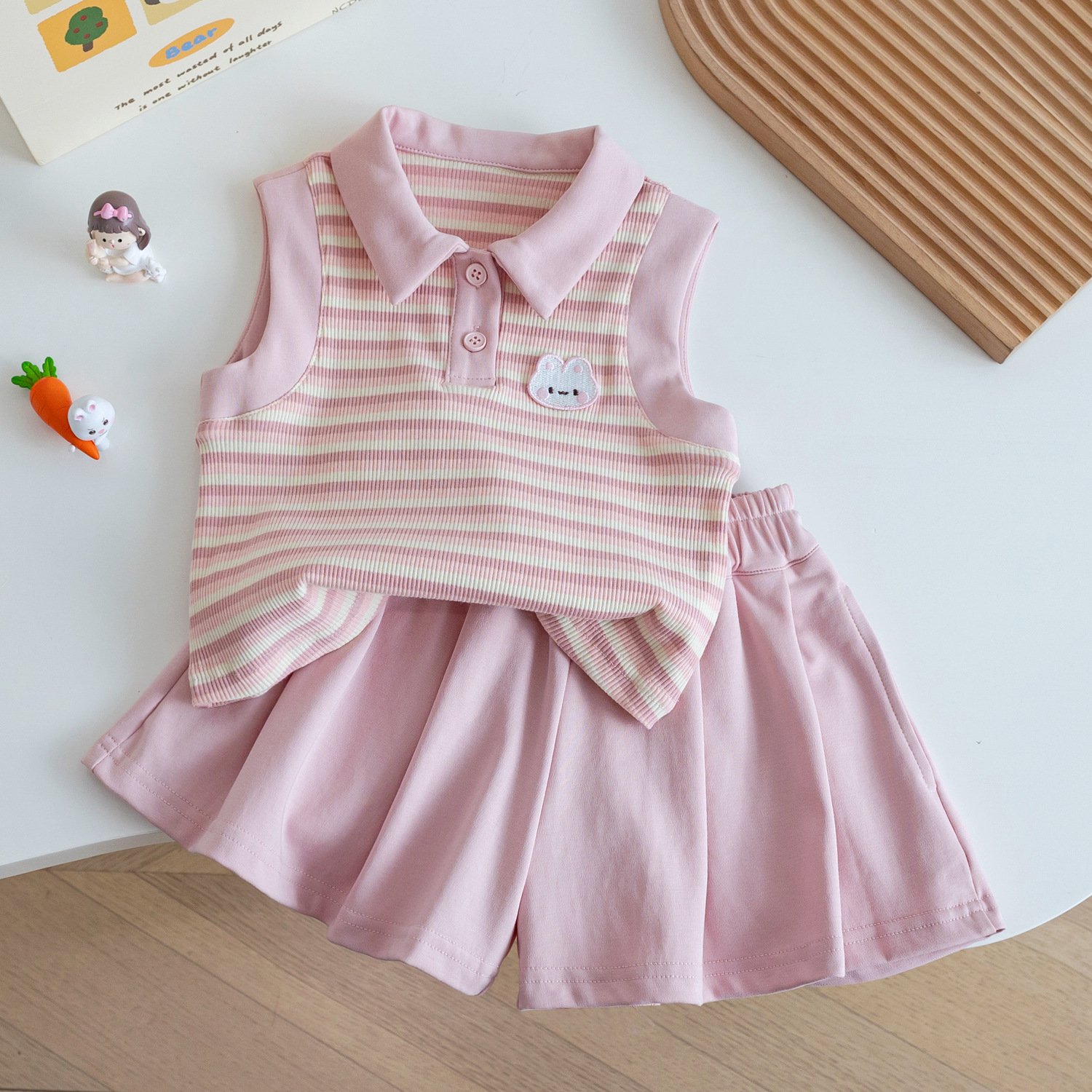 Girls Summer Striped Polo & Pink Skirt-Style Shorts Set