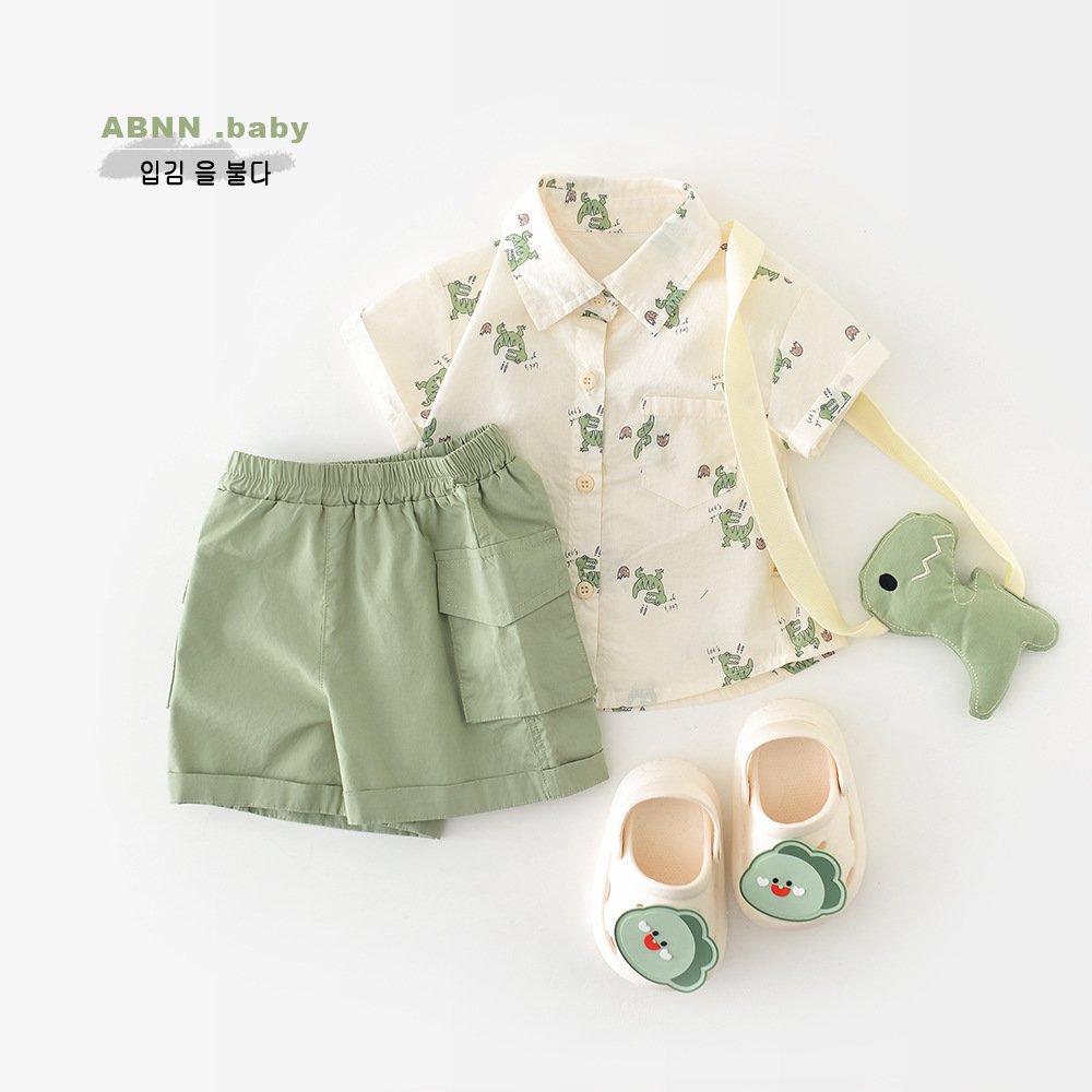 Baby Boy Cartoon Dinosaur Print Short-Sleeve Two-Piece Set with Strap Doll
