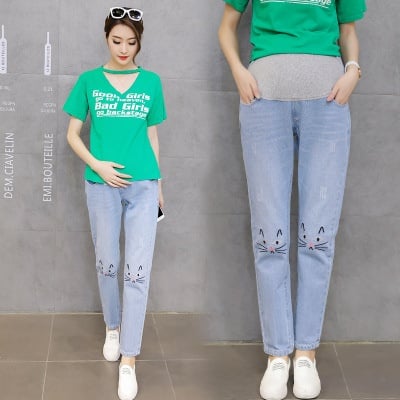 Pregnant women cowboy casual fashion cats embroidered thin section spring and summer nine points care belly pencil pants