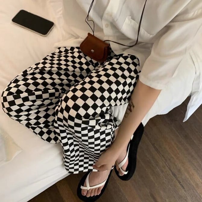 Pregnant women's trousers spring and summer casual checkerboard plaid wide-leg trousers net red summer dress belly straight trousers summer outerwear