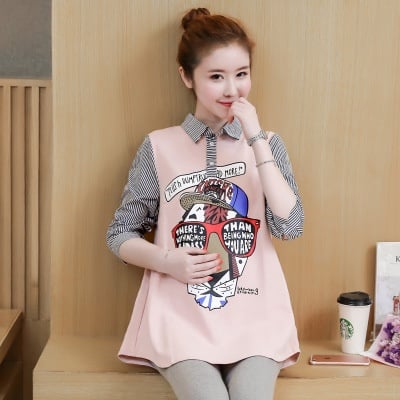 Fashion Lapel Outside Wearing Pregnant Women's Shirt Loose Long Sleeve