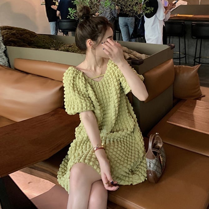Pregnant women's summer dress age-reducing bubble waffle short-sleeved dress pregnant belly cover a-line skirt sweet pregnant woman tutu skirt