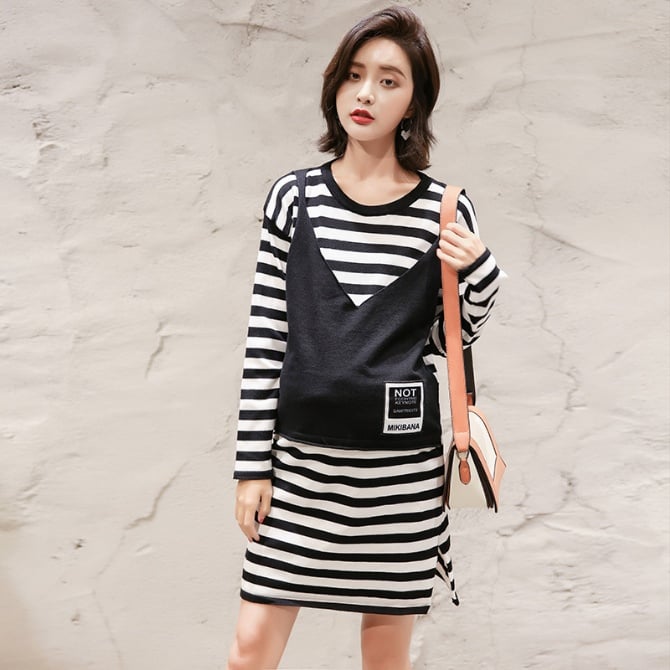 Autumn and winter new maternity dress striped long section of two Korean fashion tide mother pregnant women dress shirt
