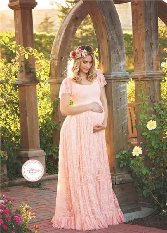Lace pregnant women ruffled short-sleeved dress