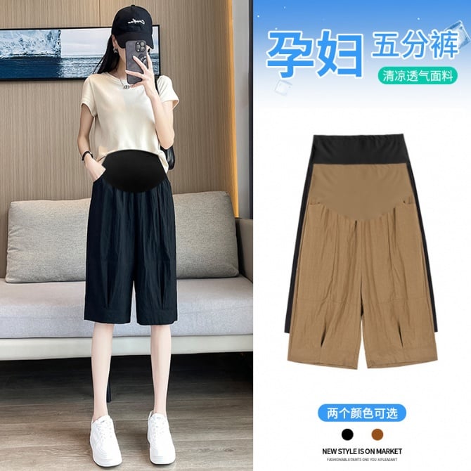 Pregnant women's trousers, summer style, summer thin section, early pregnancy, large size, all-match brocade cotton wrinkled five-point wide-leg shorts, summer dress