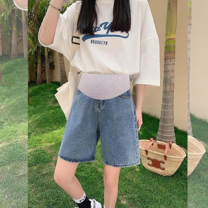 Maternity pants summer thin section outerwear large size denim shorts women's summer new straight five-point wide-leg leggings