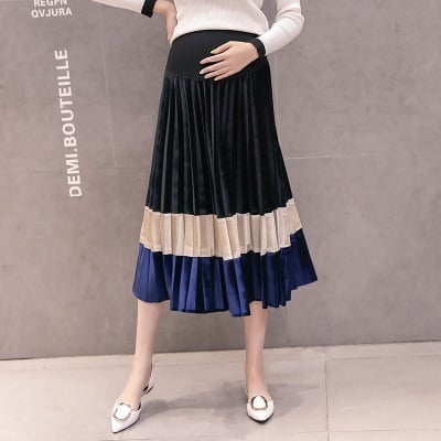 Gold velvet pleated rainbow pregnant stomach lift skirt
