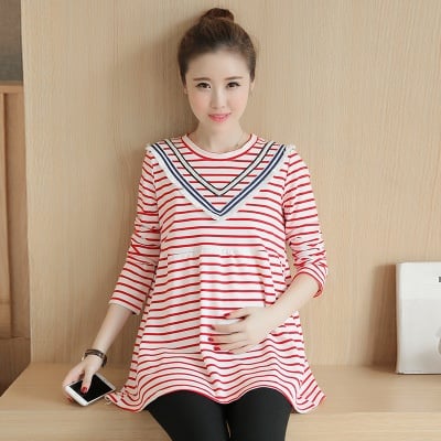 Round neck simple striped long-sleeved maternity dress