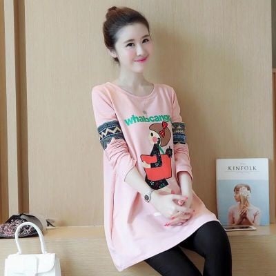 Spring and summer new Korean version of the round neck cartoon long long-sleeved pregnant women's shirt