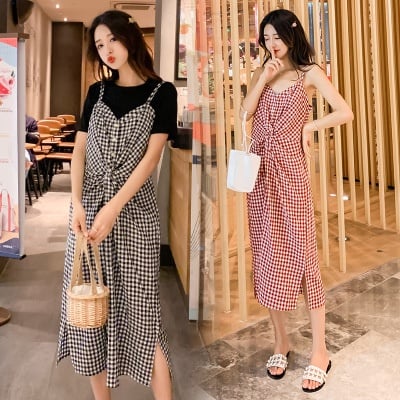 V-neck sling maternity dress loose high waist retro sweet maternity dress