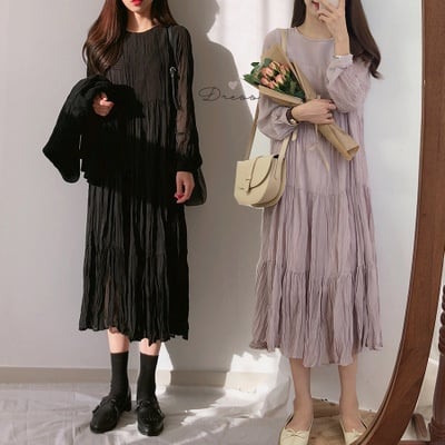 Elegant Joker Round Collar Solid Color Pleated Chiffon Long Over Knee Long Sleeve Loose Dress