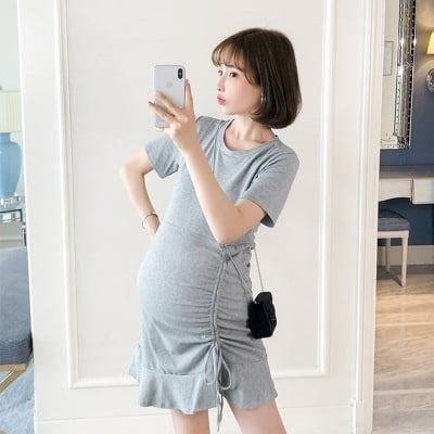 Pregnant women slim dress Slim chic side drawstring skirt cotton short-sleeved T-shirt fishtail skirt