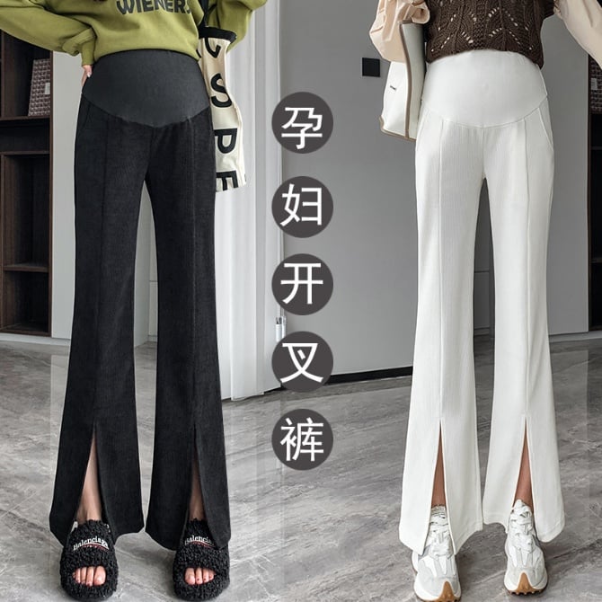 Maternity pants for autumn and winter European cotton velvet slit wide leg pants high waist drape loose slimming trendy mom casual pants