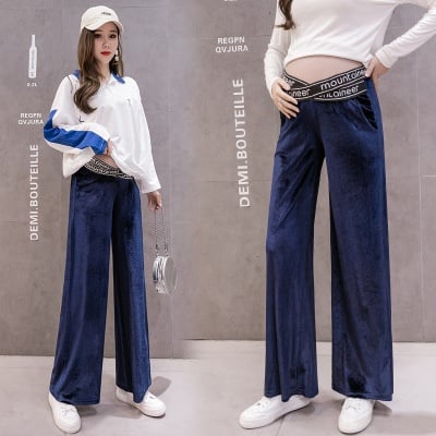 Plus size pregnant women's gold velvet wide-leg loose-fitting belly trousers