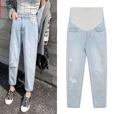 Pregnant women ripped denim stomach lift pants thin section