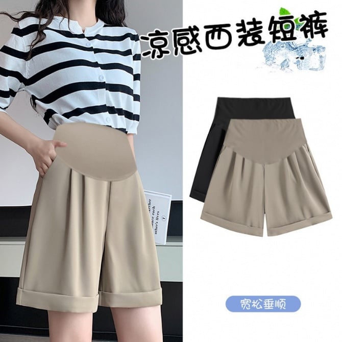 Maternity shorts, summer new stretch ice silk suit shorts, thin, slimming, wide-leg, five-quarter-length pants for outer wear, sweatpants