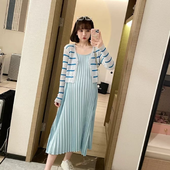 Maternity summer suit Western style striped cardigan suspender pleated dress summer two-piece skirt set