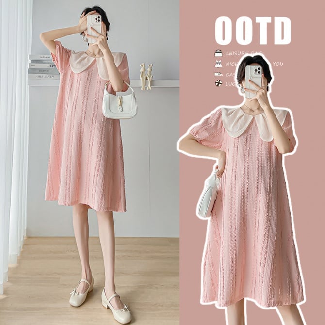 Summer clothes for pregnant women, sweet and fashionable doll collar textured summer age-reducing short-sleeved dress