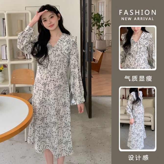 Maternity wear French age-reducing doll collar long-sleeved floral dress 2024 spring and autumn slimming sweet temperament trendy mom dress