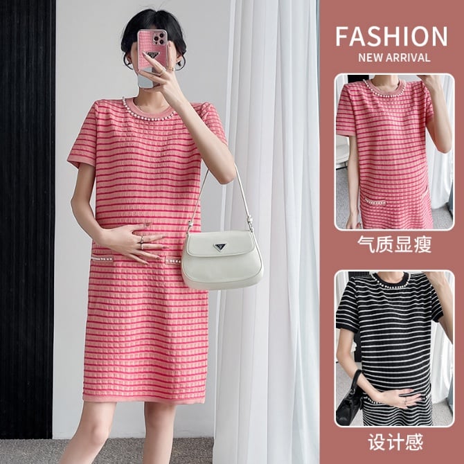 Maternity Small Fragrance Style Ice Silk Slimming Mid-length Short Sleeve Dress for Petite Women