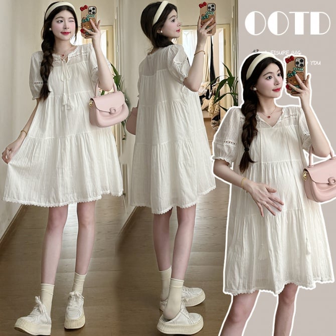 Maternity Dress with French Lace Hollow-out, Embroidered Sash, and Loose A-line Design