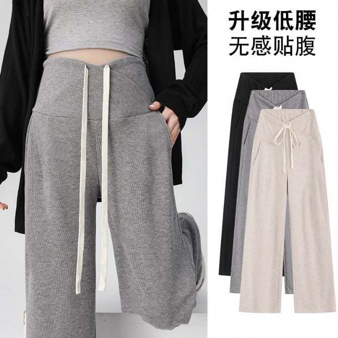 Maternity Pants with Drawstring, Crossed Waistband, and External Belly Support