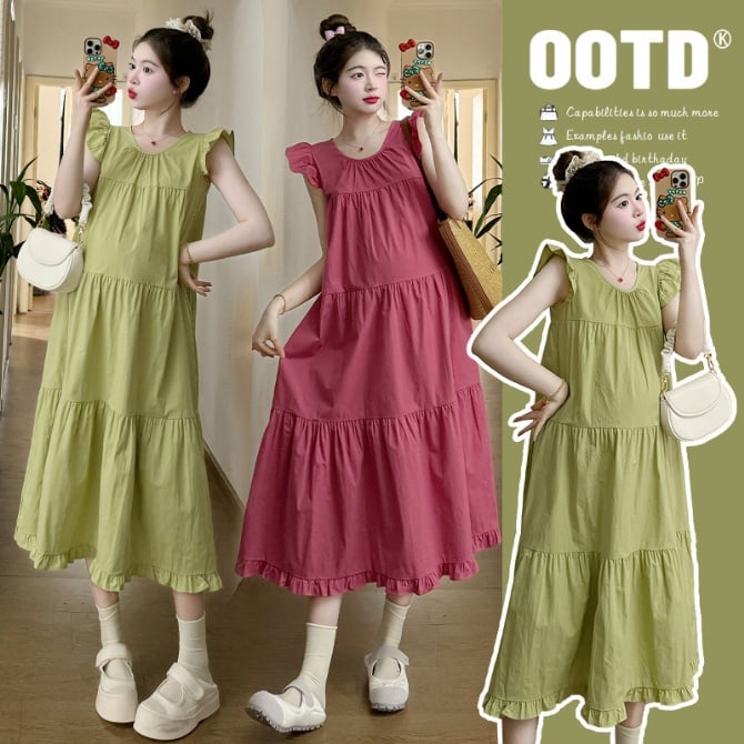 Fashionable Maternity Dress with a Stylish and Fresh Look, Featuring Frilly Hem and Flutter Sleeves in French Style