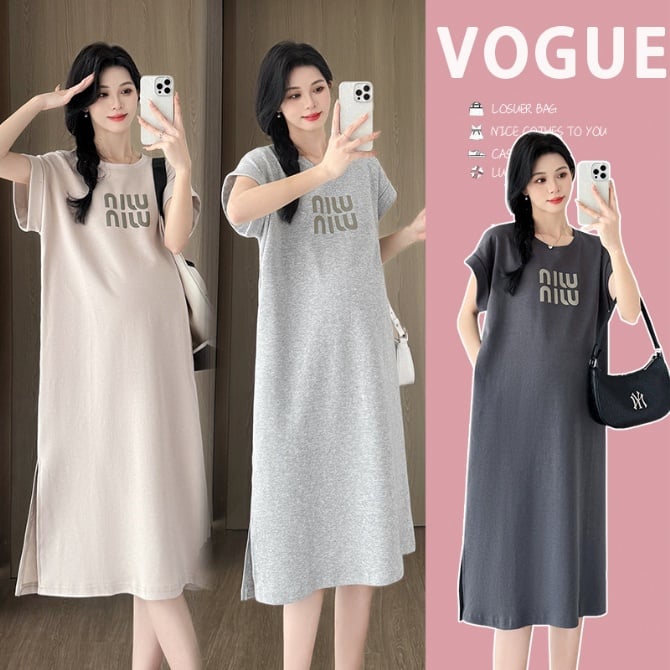 Maternity New Style Round Neck Letter Short Sleeve T-shirt Maxi Dress