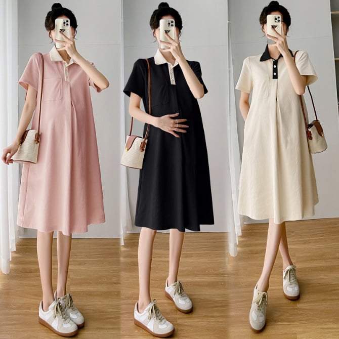 Maternity Dress with Pleated Design Polo Shirt Style
