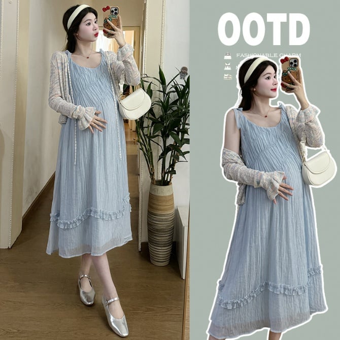 Maternity blue chiffon camisole dress + knitted sun protection two-piece set
