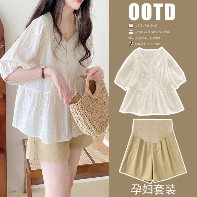 Maternity outfit with lace embroidered short-sleeve doll top and shorts