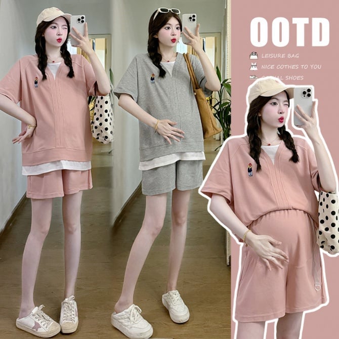 Maternity casual short-sleeve T-shirt + maternity support shorts two-piece set