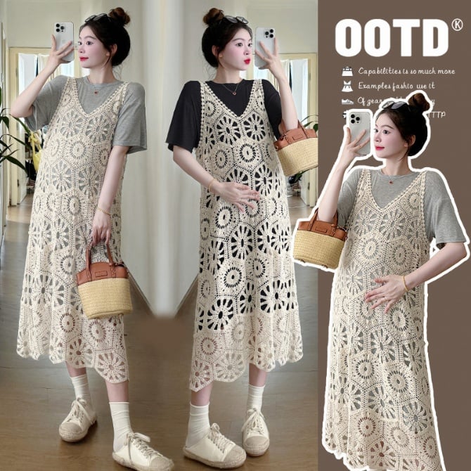 Maternity vintage lace crochet hollow-out dress with layered two-piece set