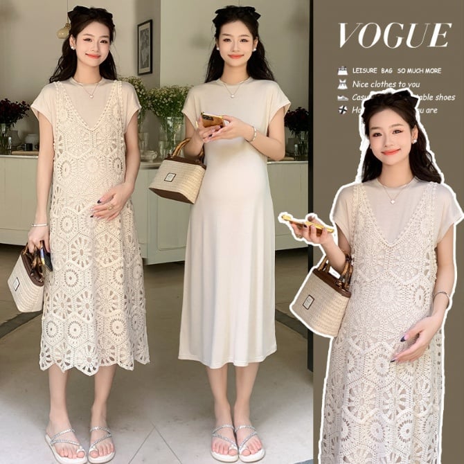 Maternity summer hollow lace strap dress outfit set