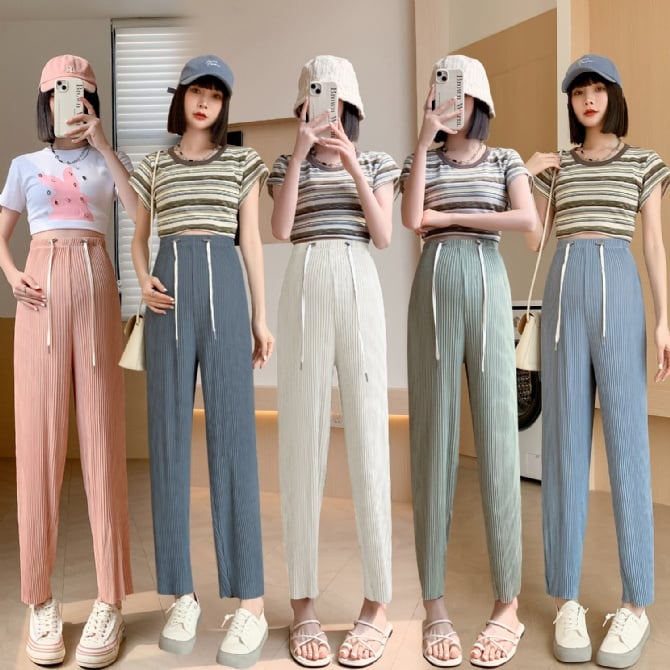 Maternity pleated ice silk cropped carrot pants