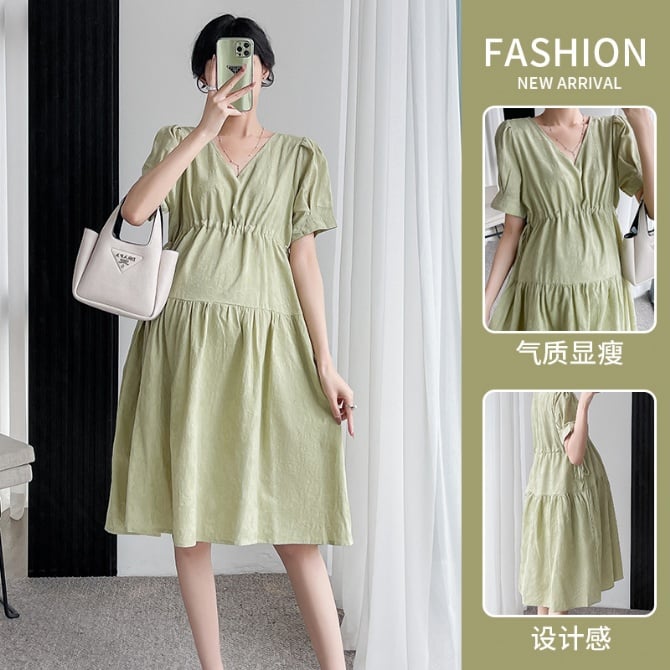 Maternity Loose-Fit Puff Sleeve Solid Color Dress