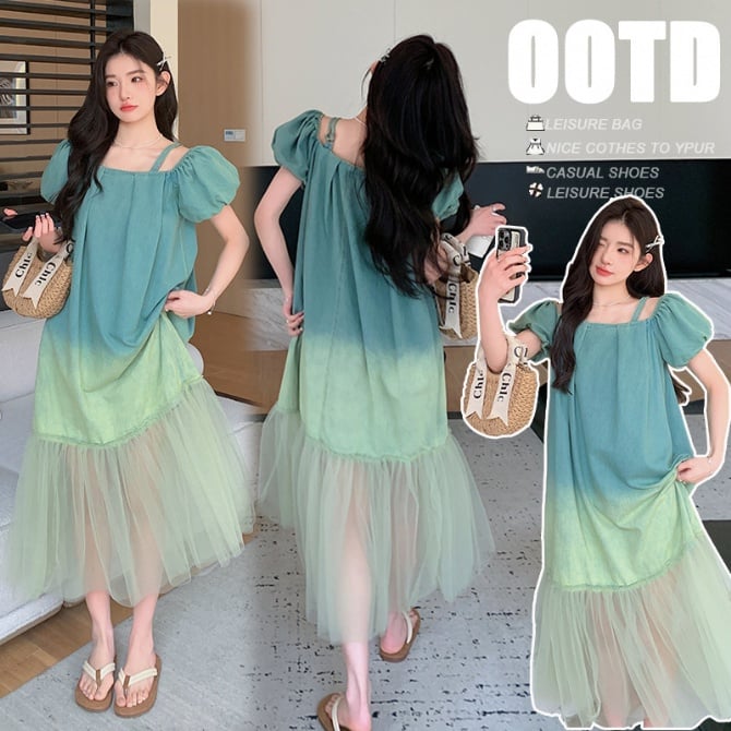 Maternity dress with gradient foreign style design and patchwork denim skirt