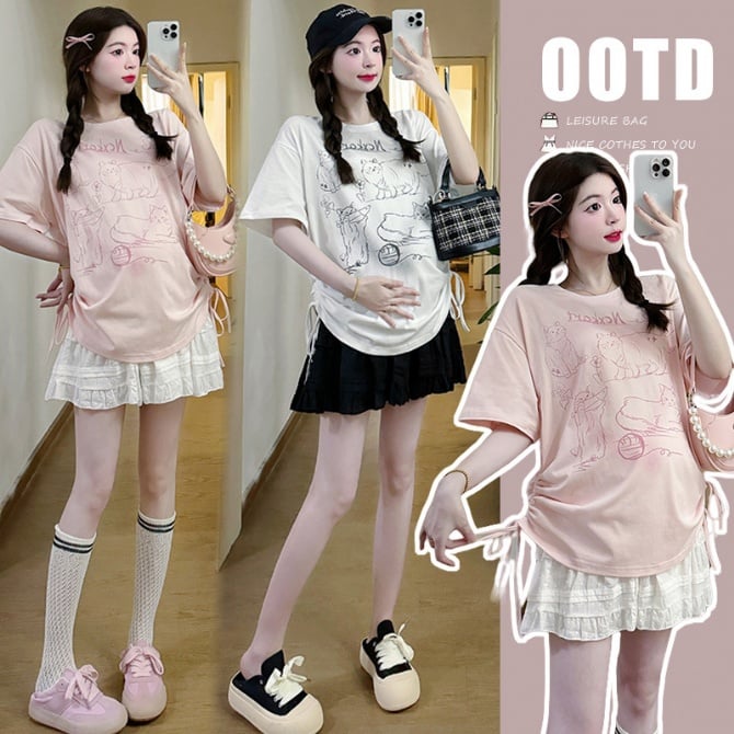 Maternity Cartoon Print Ruched Short-Sleeve T-Shirt and Belly Support Skirt Two-Piece Set
