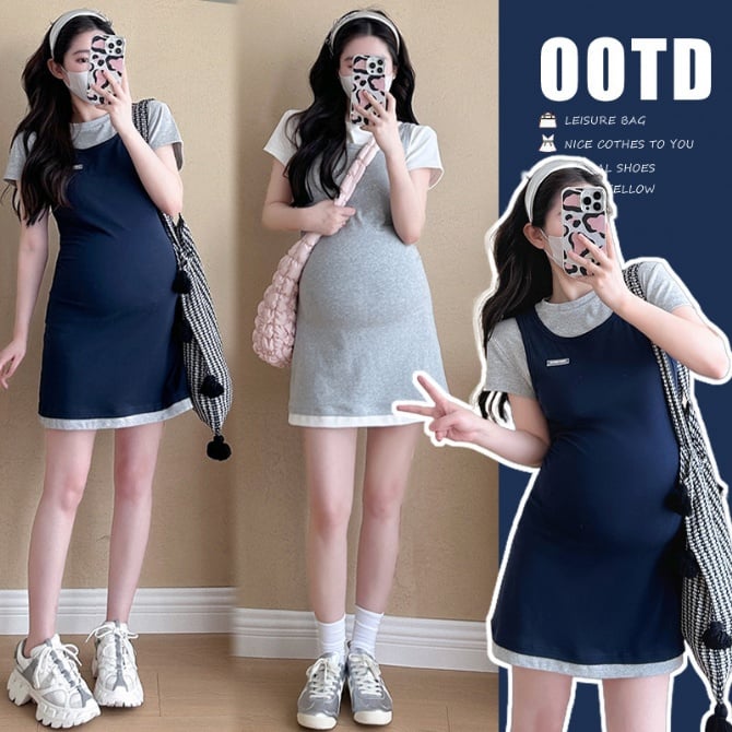 Maternity Slim Fit Stylish Faux Two-Piece T-Shirt Dress
